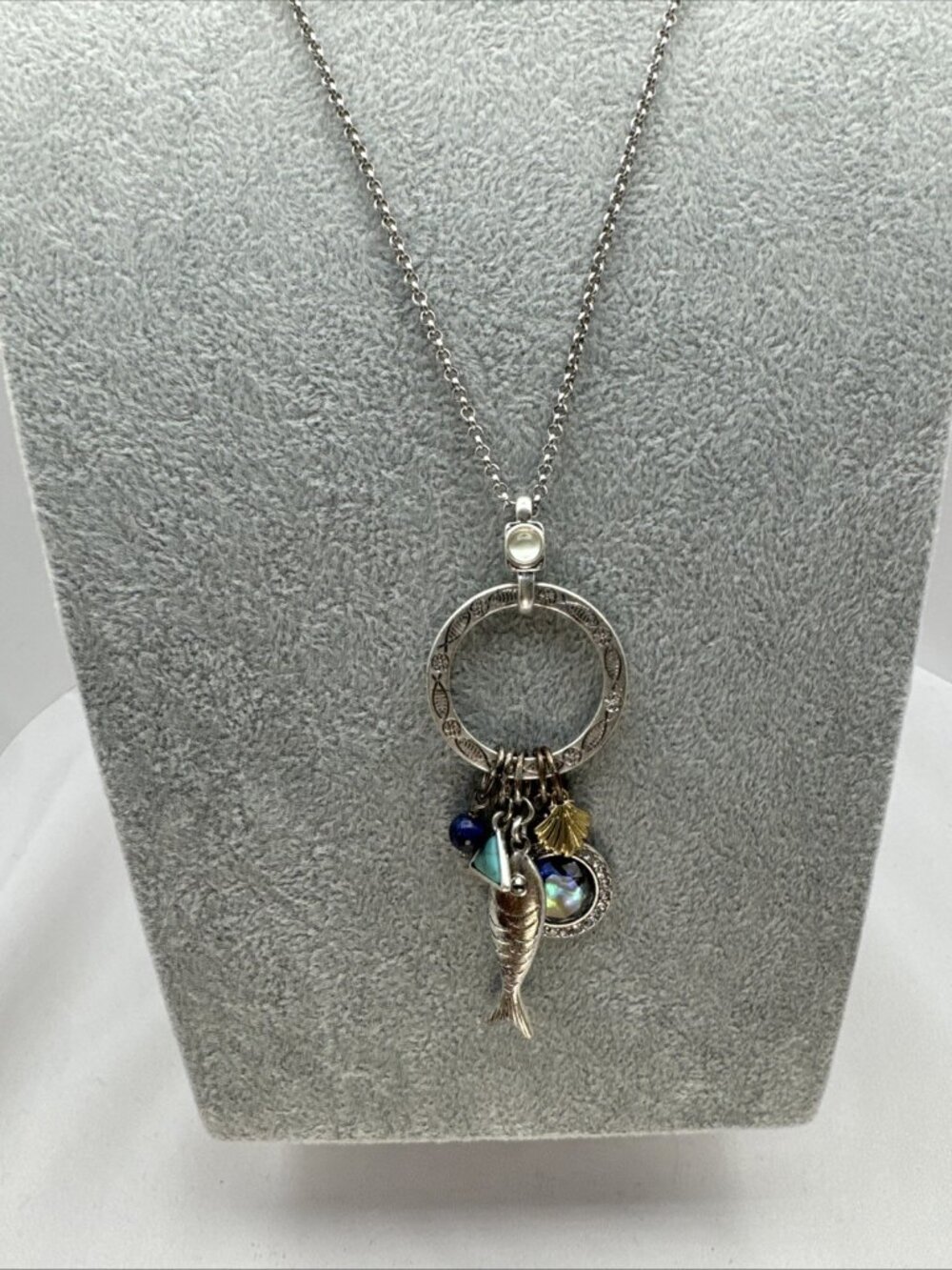Lucky Brand Silver Tone Charm Necklace Fish Shell Abalone Boho Look Pendant - Picture 3 of 14